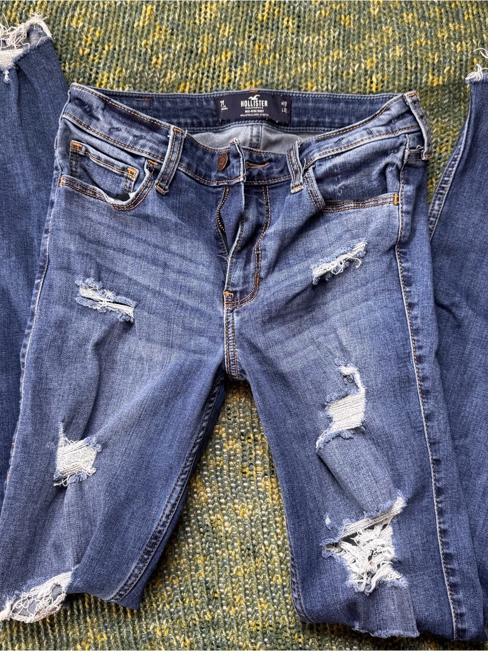 Hollister Women's Ripped Medium Blue Bootcut Jeans